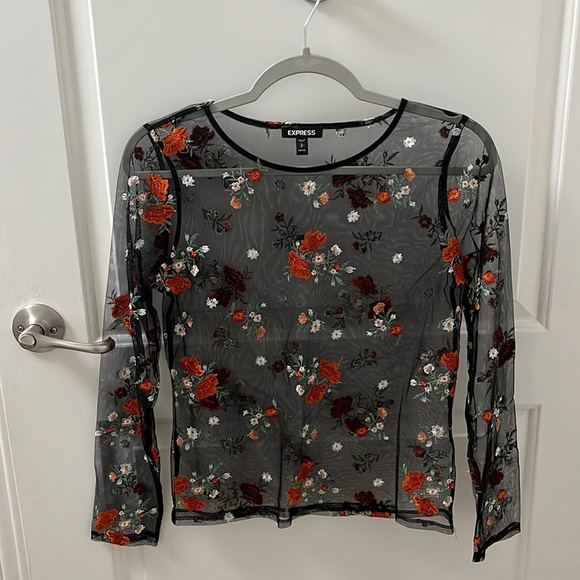 Express Sheer Mesh Embroidered Flower Top - Picture 1 of 3
